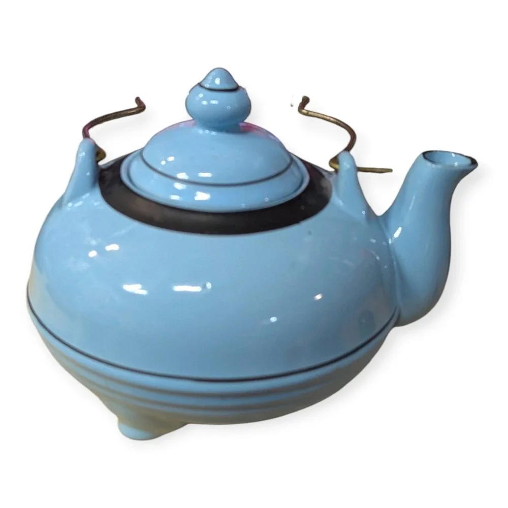 Vintage Art Deco Blue Ceramic Teapot Black Banded Tripod Feet Brass Coil‎ Handle